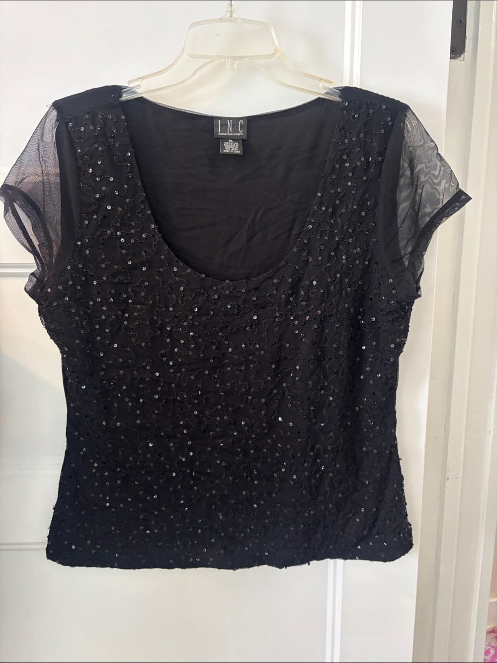 INC International Concepts Black Sequin Mesh Scoop Neck Top